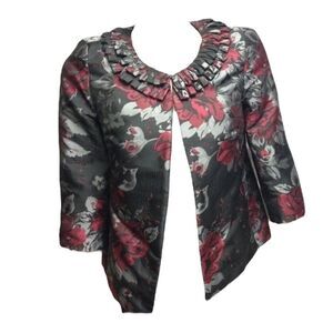 Lavender & Honey Cardigan Multicolor Floral Print Ruffled Collar 3/4 Sleeves NEW